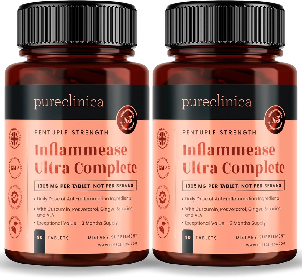 pureklinica Inflammease Ultra Complete (Resveratrol, Ginger, ALA, Spirulina, Curcumin - 5 Suplementów w jednym) 1305mg x 180 Tabletki - 2 Butelki po 90 Tabletki - 6 Miesiące Dostawy!