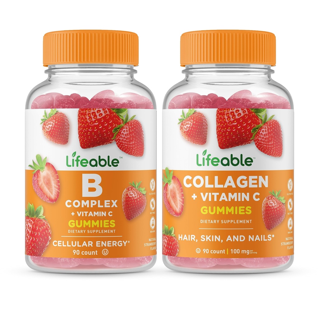 Lifeable B Complex + Kolagen & Witamina C, Gummies Bundle - Great Desting, Suplement witaminy, Gluten Free, GMO Free, Gummy do żucia