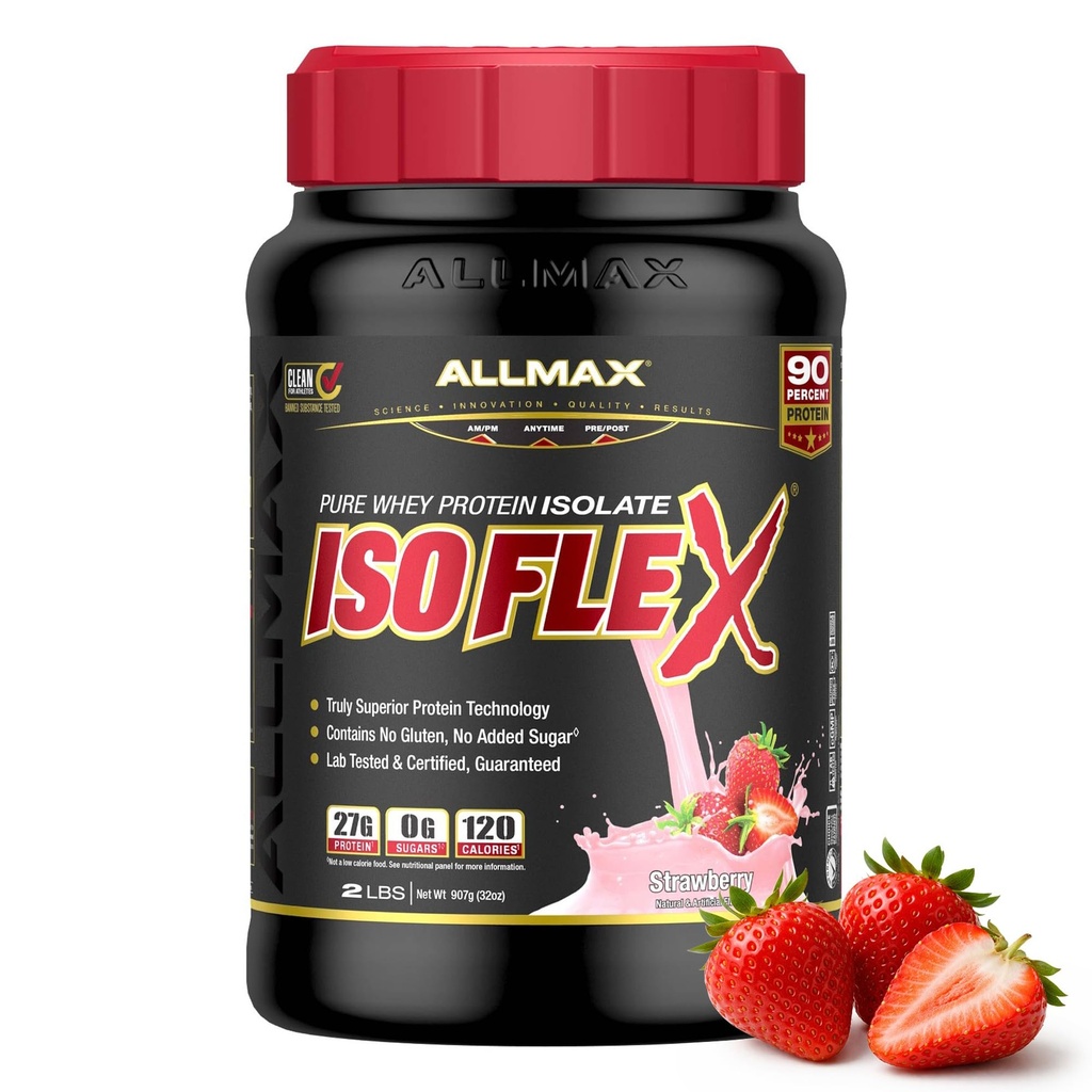 ALLMAX Nutrition ISOFLEX Izolat białka serwatki, Truskawka - 2 lb - 27 gramów białka na miarkę - Zero tłuszczu i cukru - 99% Laktoza wolna - Bez glutenu i soi - Przybliżone 30 Sług