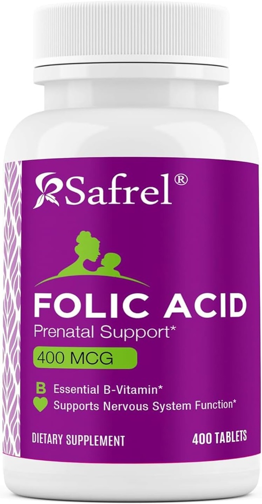 Safrel Folic Acid 400 mcg - Witamina B9- 400 Tabletki, Witamina zasadnicza prenatalna i poporodowa dla rozwoju płodu, Produkcja Czerwonej Krwinki, Rozwój komórkowy i neuralny 124; Nie- GMO, Wegan