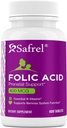 Safrel Folic Acid 400 mcg - Witamina B9- 400 Tabletki, Witamina zasadnicza prenatalna i poporodowa dla rozwoju płodu, Produkcja Czerwonej Krwinki, Rozwój komórkowy i neuralny 124; Nie- GMO, Wegan