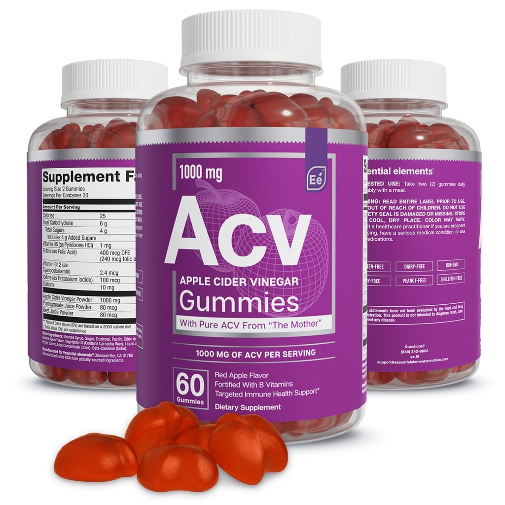 Elementy zasadnicze Jabłko Cydr Gummies ocet od Matki - 60 Hrabia (3 Pack)