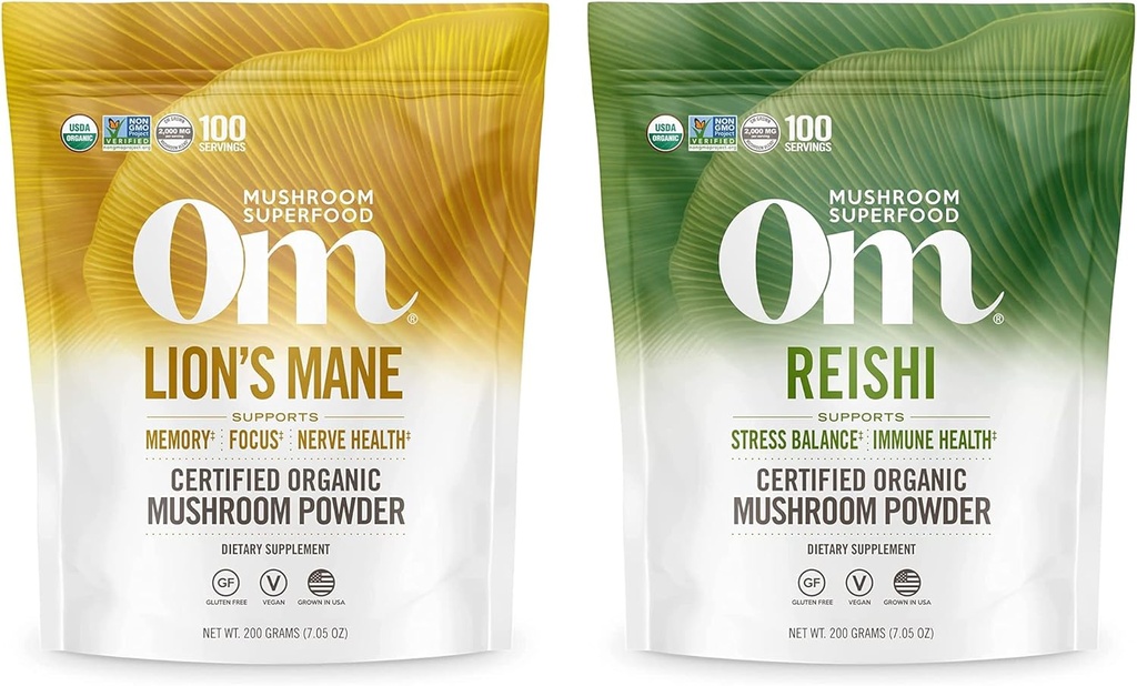 OM MUSZKA SUPERFOOD 7.05oz Bundle, grzywa lwa i Reishi Organic Mushroom Powder, 200 Sługi