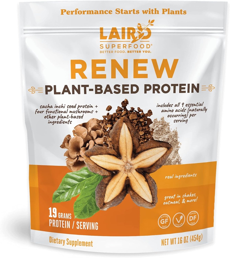Laird Superfood Renew Plant-Based Protein Powder, 19 Grams Protein, Wegan z Sasha Inchi Seed Protein, Cztery Grzyby funkcjonalne, Preservative Free, Gluten- Free, Dairy-Free, 16 oz. Worek