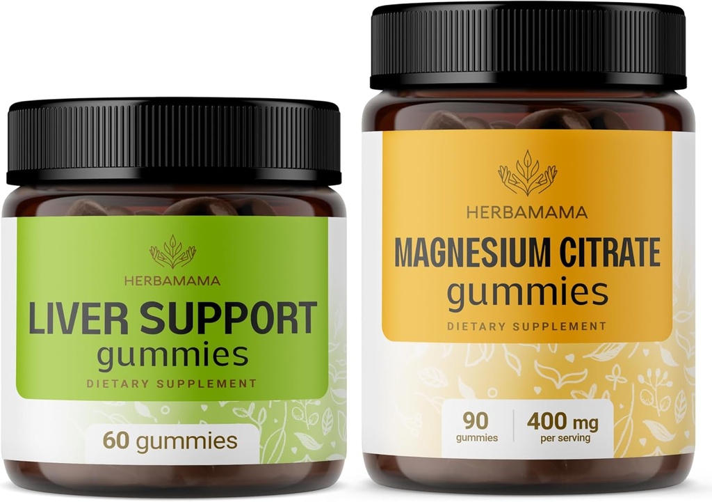 HERBAMAMA Liver Support Complex and Magnez Kit - Zestaw wsparcia wątroby Herbal Complex & 400 mg Magnezu Citrate Gummies - Wegan, Non-GMO, Żelatyna - 2 opakowania