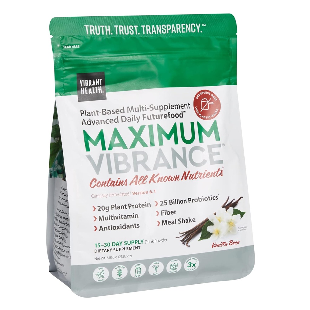 Vibrant Health, Maksymalna wibracja, Superfood Supplement na plancie z multiwitaminą, Białko i 25 Miliard CFU Probiotyki, Vanilla, 15 Serving Pouch