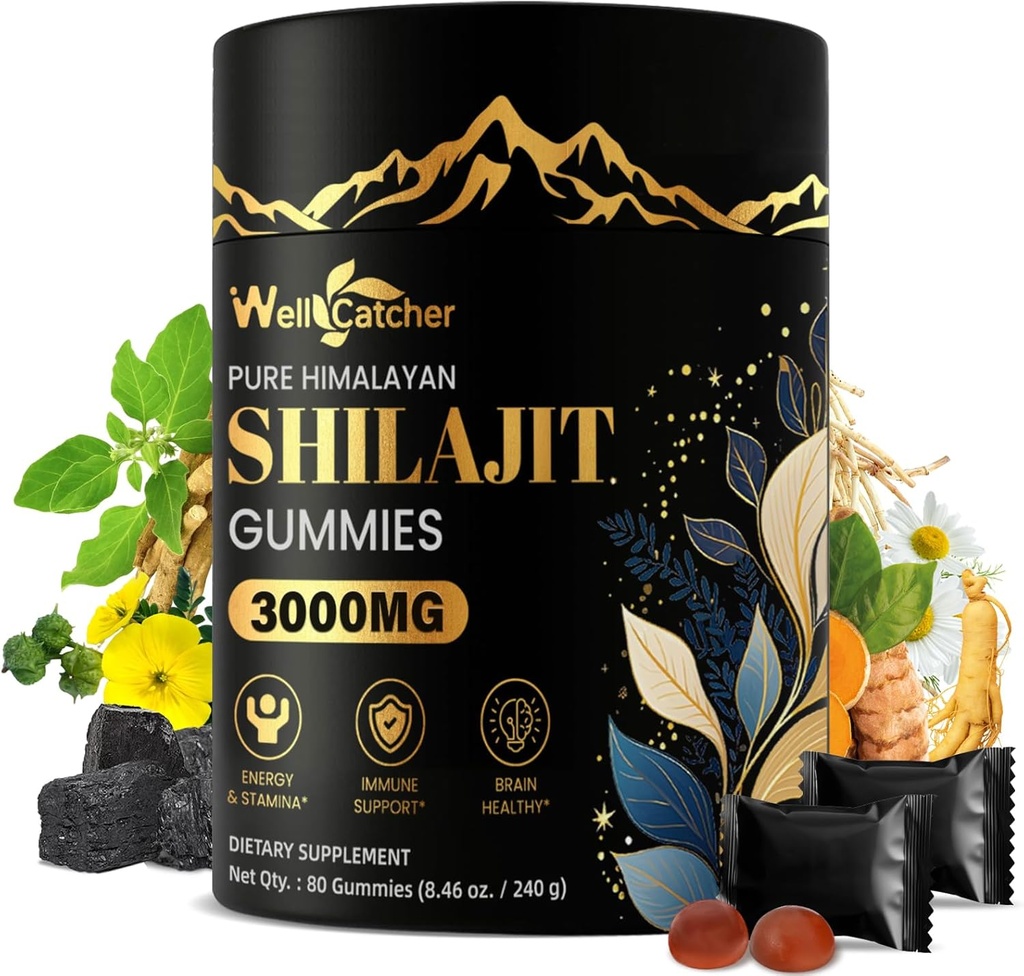 Shilajit Gummies for Men Women: Pure Himalayan Organic Shilajit with Ashwagandha 85 + Ślad Minerałów i kwasu Fulvic Indywidualnie zapakowane dla energii Mózg Immunitety Support No Sugar 40 Służenia