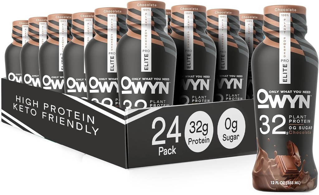 OWYN Only What You Need Pro Elite Vegan Wysokie Białko Keto Shake, 32g Białko, 9 Amino Acids, Omega-3, Prebiotyki, Trenout and Recovery, 0g Węglowodory netto, Zero Sugar (Czekolada, 12 Fl Oz (Pack of 24)