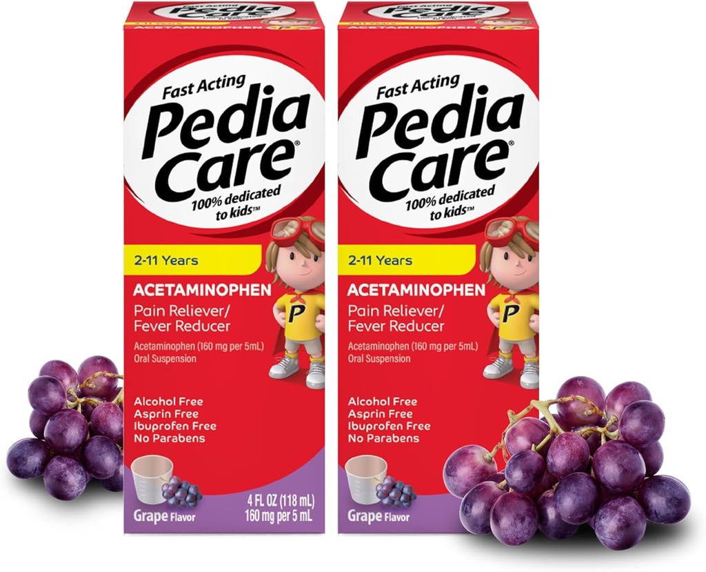 Szybkie działanie Reliever of Children 's Pain / Kids Fever Reducer with Acetaminophen Oral Suspension, Ages 2- 11, Zero Alcohol or Aspirin or Ibuprofen, Grape Flavor, 4 fl oz (2 Pack)