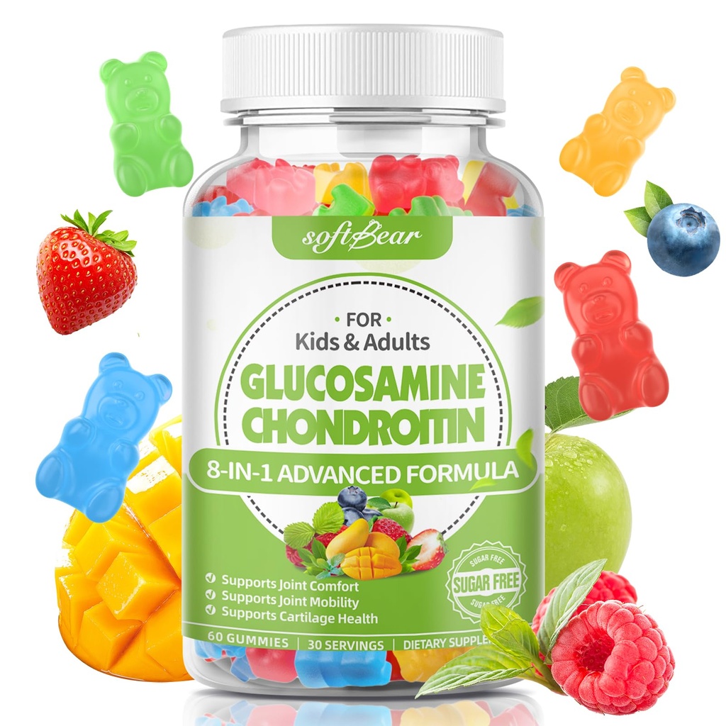 softbear Glukozamina Gummie Chondroitin dla dorosłych, Chondroityna bezcukrowa i Glukozamina Suplementy odżywcze do wspólnego wsparcia, Mieszany aromat owocowy, 60 Count