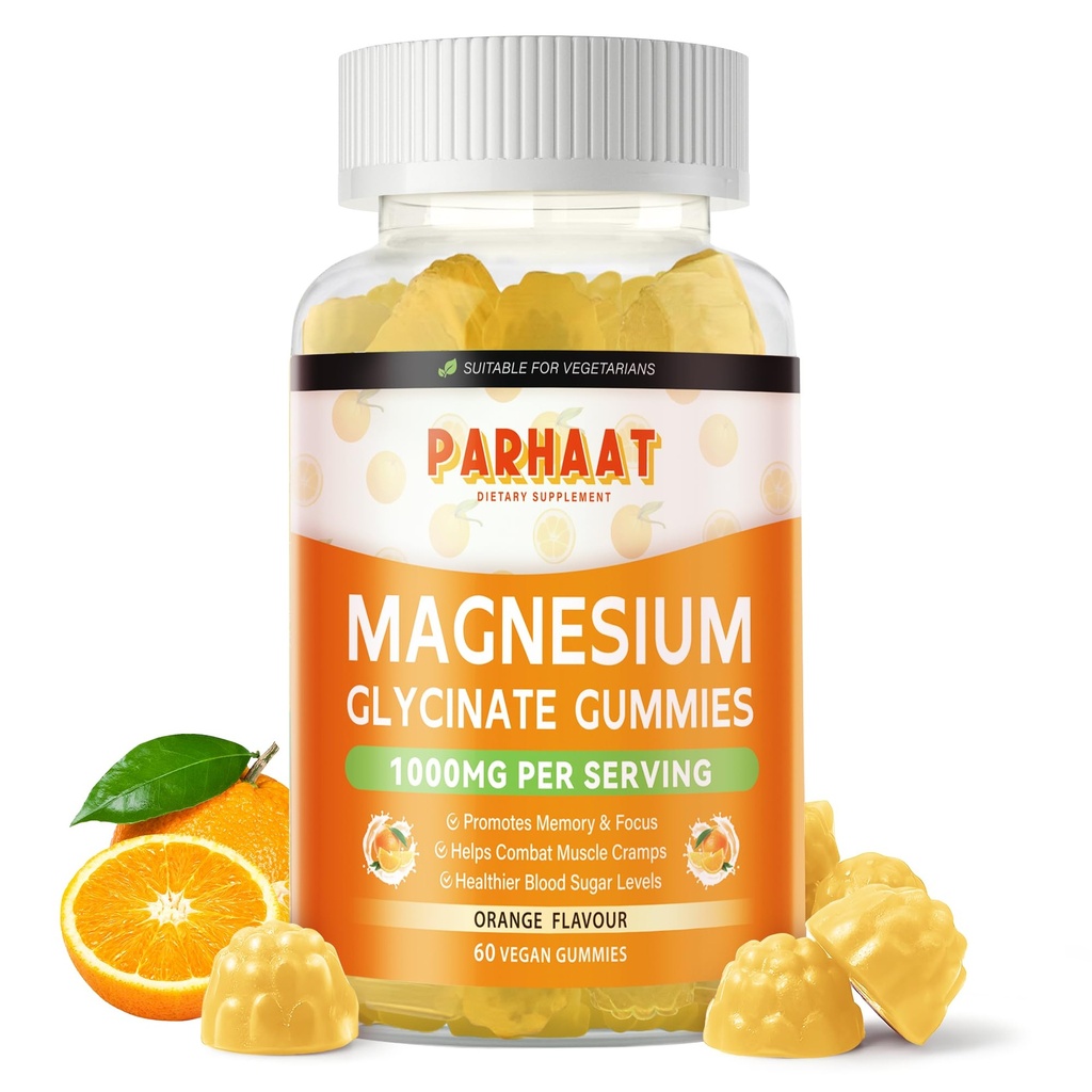 Glucynian magnezu Gummies 1000mg - Suplement potasu bez cukru Magnezu z witaminą D, B6, CoQ10 dla uspokojenia nastrojów i wsparcia snu - 60 Gumiaki pomarańczowe