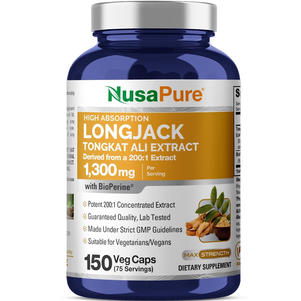 NusaPure Longjack Tongkat Ali 260,000mg 150 Veggie Caps (Non- GMO, Gluten Free) Bioperine