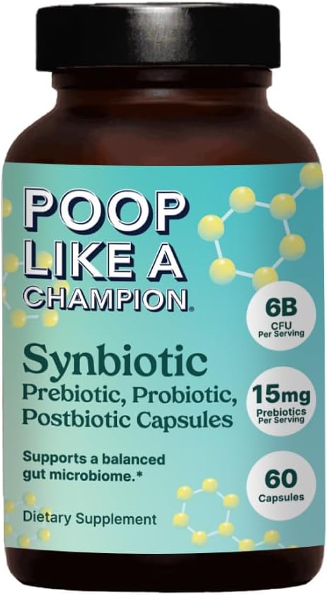 Poop Like a Champion Gut Power Synbiotic (Prebiotyczne, Probiotyczne, Postbiotyczne) - 60 Kapsułek, Wegan, Non-GMO Digestive Health Supplement, 6,5 mld CFU