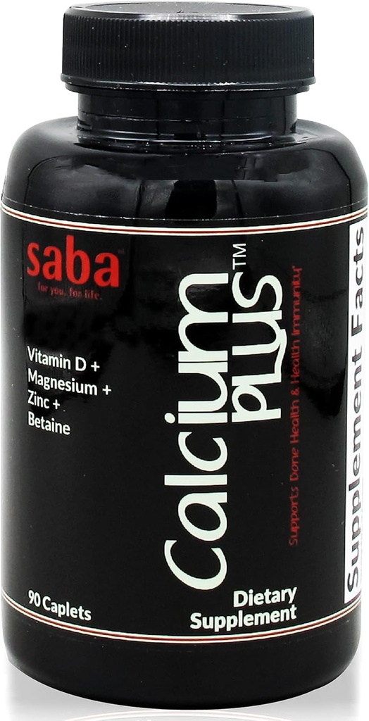 Saba Calcium Plus - Bone Strength - Calcium, Magnesium, Potassium, Vitamin D, Zinc, Betaine - GMO, Soy, Gluten Free Ingredients - Whole Food Supplement for Bone Health, Immune - 90 Caplets