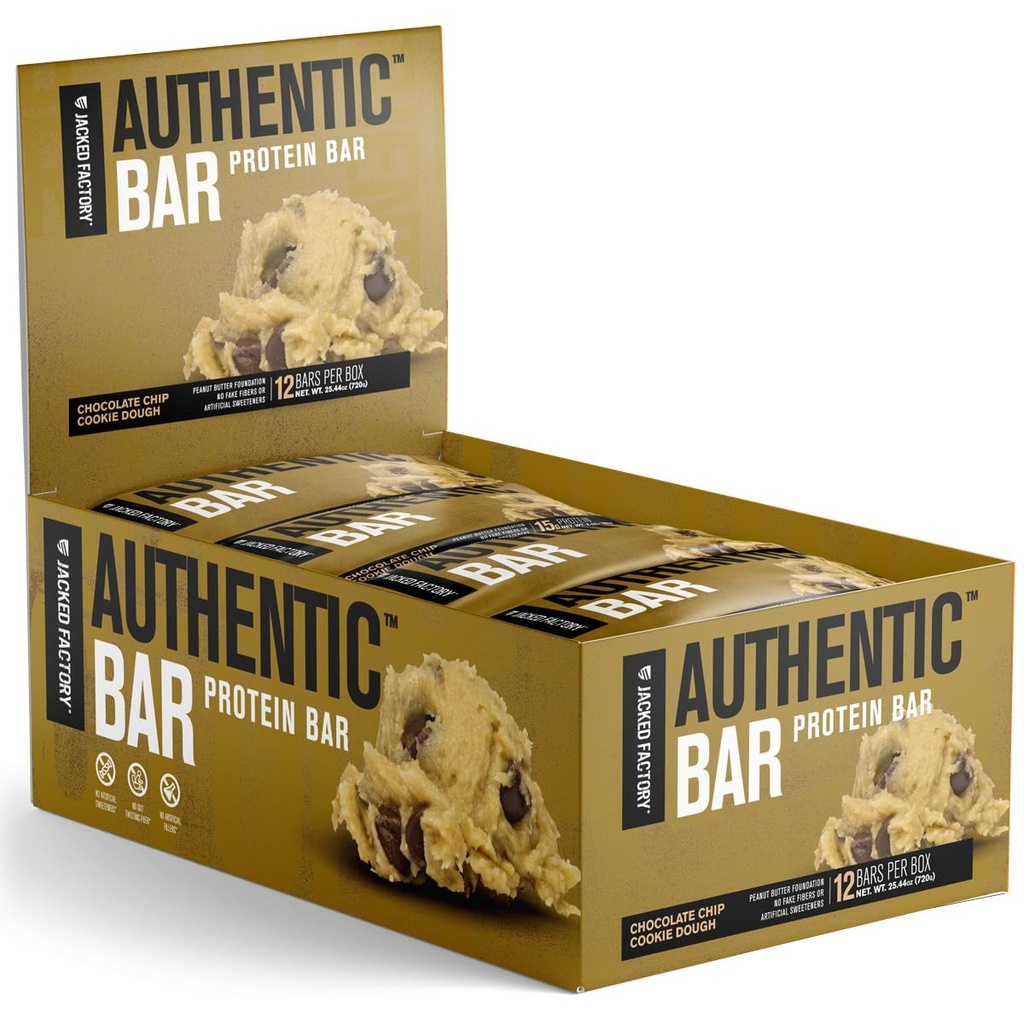 Autentyczny bar Czekoladowy chip Cookie Dżugh Protein Bary - Czekoladowe proteiny zastępcze Bary w / 15 g ser protein Isolate, Peanut Butter Foundation, Zdrowy Tłuszcz, Natural Sweetened - 12 Pack