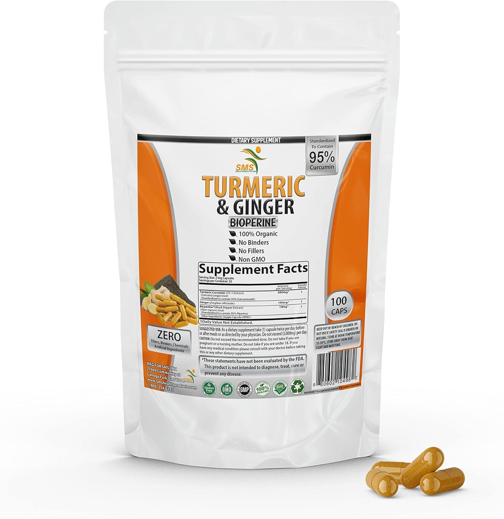 Kurkumina kurkumina z Ginger, Pieprz czarny BioPerine, 95% Kurkuminoidy, 95% Kurkuminoidy standaryzowane i biochirurgia do potencji i absorpcji, Suplement Tumerowy, Made in USA - 100 Kapsułki wegetariańskie