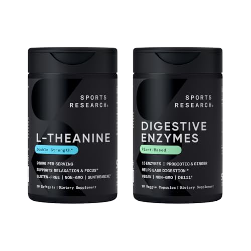 Sports Research Double Strength L- Theanine Supplement Suntheanine Softgels for Focus, Relaxation & Alertness with Coconut Oil 60 Count and Digestive Enzymes + Probiotyki & Ginger Plant Based 90 Count