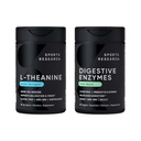 Sports Research Double Strength L- Theanine Supplement Suntheanine Softgels for Focus, Relaxation & Alertness with Coconut Oil 60 Count and Digestive Enzymes + Probiotyki & Ginger Plant Based 90 Count