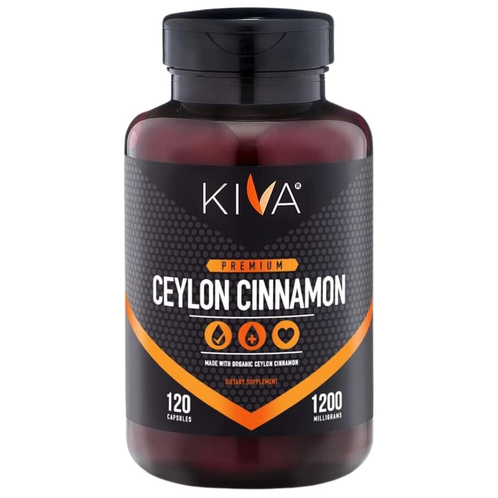 Kiva Premium Ceylon Cynamon w proszku Kapsułki (120 Kapsułek Veggie), Czysty Ceylon Cynamon ze Sri Lanki, Wegan, Nie-GMO, Gluten- Free