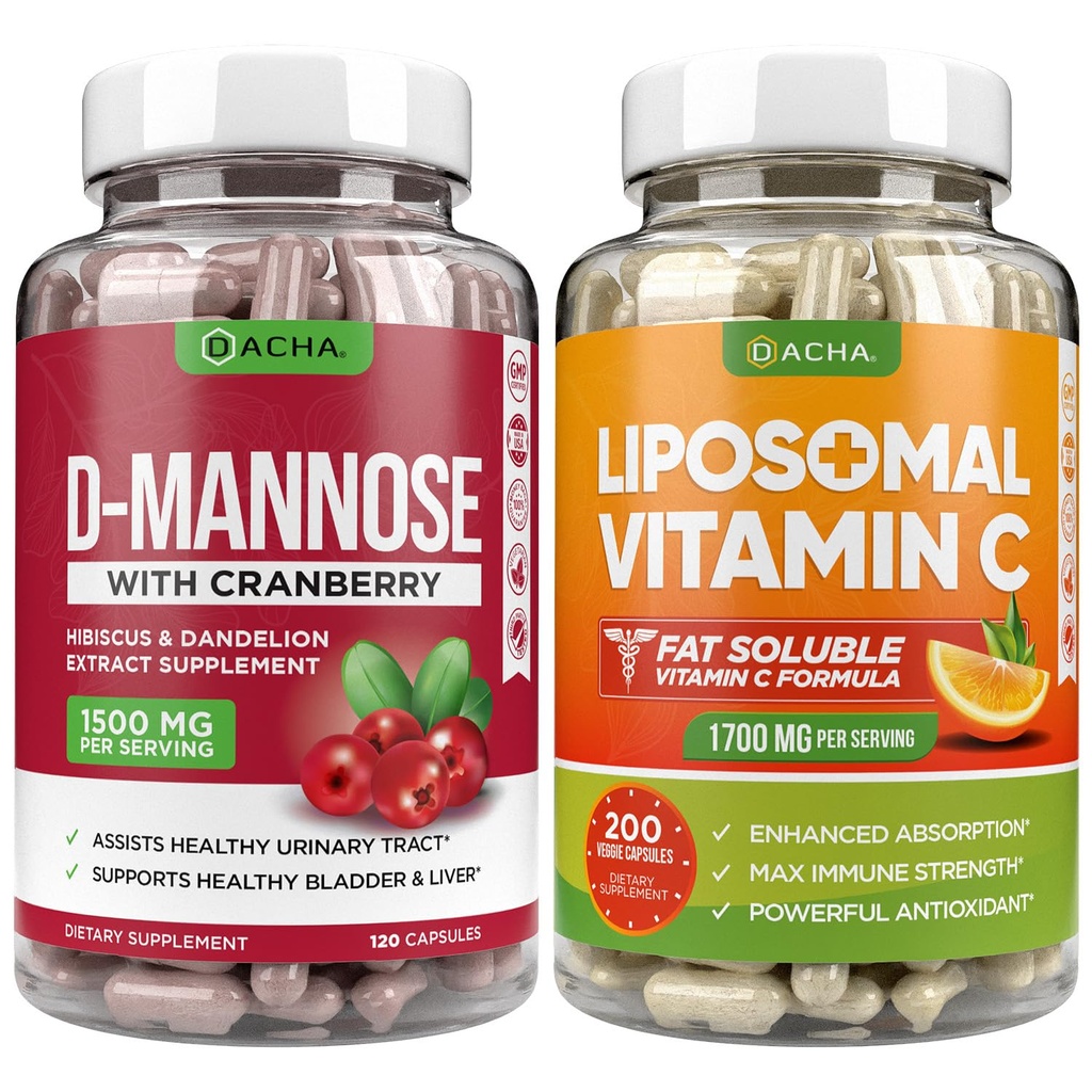 Ultimate Urynary Tract Health Bundle - D Mannos i witamina liposomalna C, z żurawiny, Askorbyl Palmitynian, Zwiększona receptura absorpcyjna, Detox, Suplement diety, Wsparcie dla pęcherza