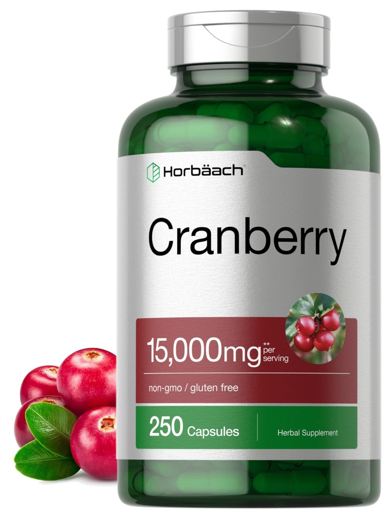 Horbäach Cranberry Pills + Witamina C Bis124; 15,000mg 124; 250 Kapsułek Bis124; Nie-GMO i Gluten Free Supplement from Concentrat Extract