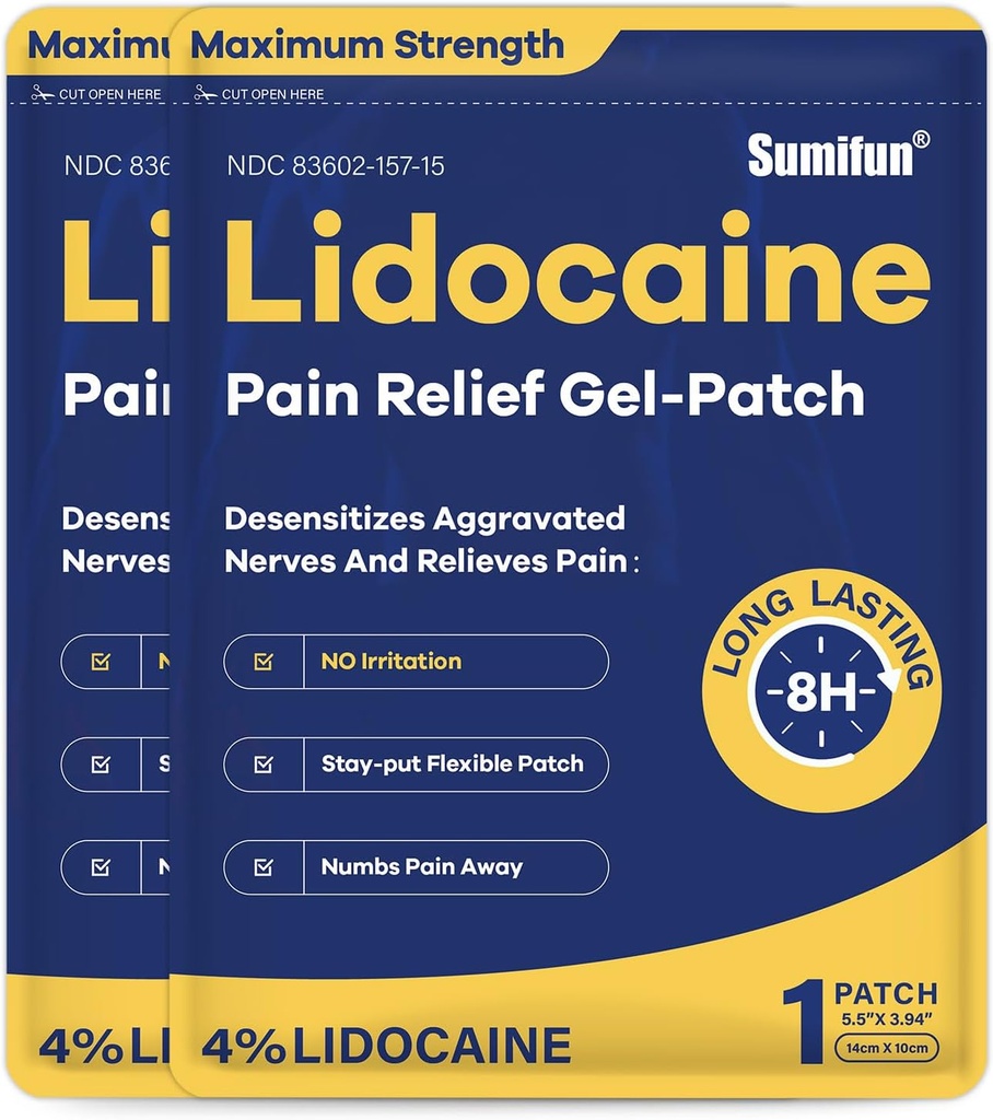 Sumifun 4% Lidokaina Łaty Maksymalna wytrzymałość - 24 Odliczanie bólu żel Łata na bolesność mięśni, Ache pleców, Knee, Neck & Joint Pains - Tematyczny analgesic (NDC: 83602- 157- 15, 83602- 157- 01)