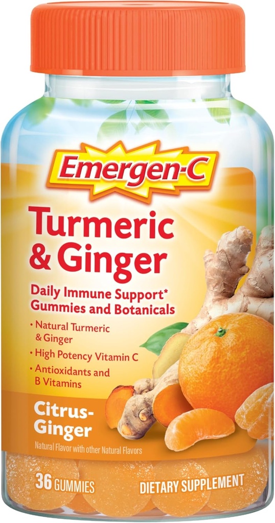 Emergen- C Gummies Citrus- Ginger, Turmeric i Ginger, Wsparcie immunologiczne naturalne aromaty z wysokiej mocy witaminy C, Powrót do szkoły Essentials - 36 Hrabia