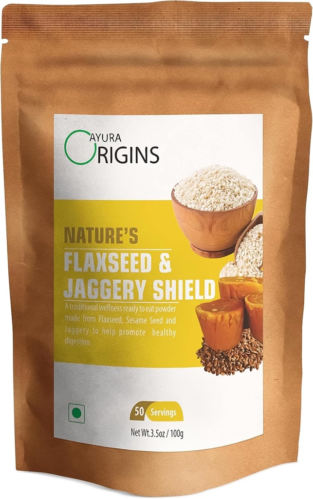 Nature 's Flaxseed & Jaggery Shield (3.53 oz - 50 Servings) - roślinny suplement do oczyszczania gazów i kontroli IBS - Pomaga Gut zdrowia i trawienia