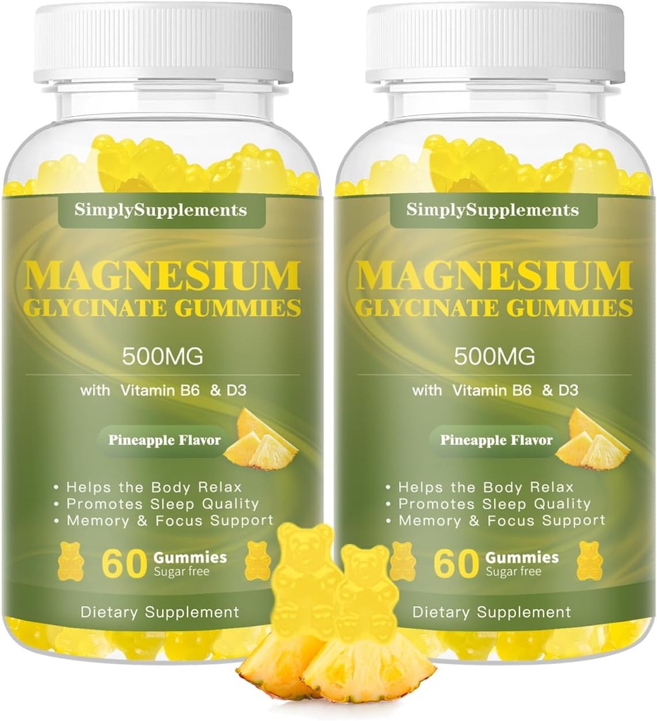 Glucynian magnezu 500 mg, suplement magnezu do żucia z witaminą D3, B6, CoQ10, do relaksacji, Sleep & Mood Support, Gummy magnezowe spokojne - 60 Gumiaków ananasowych (2 opakowania)
