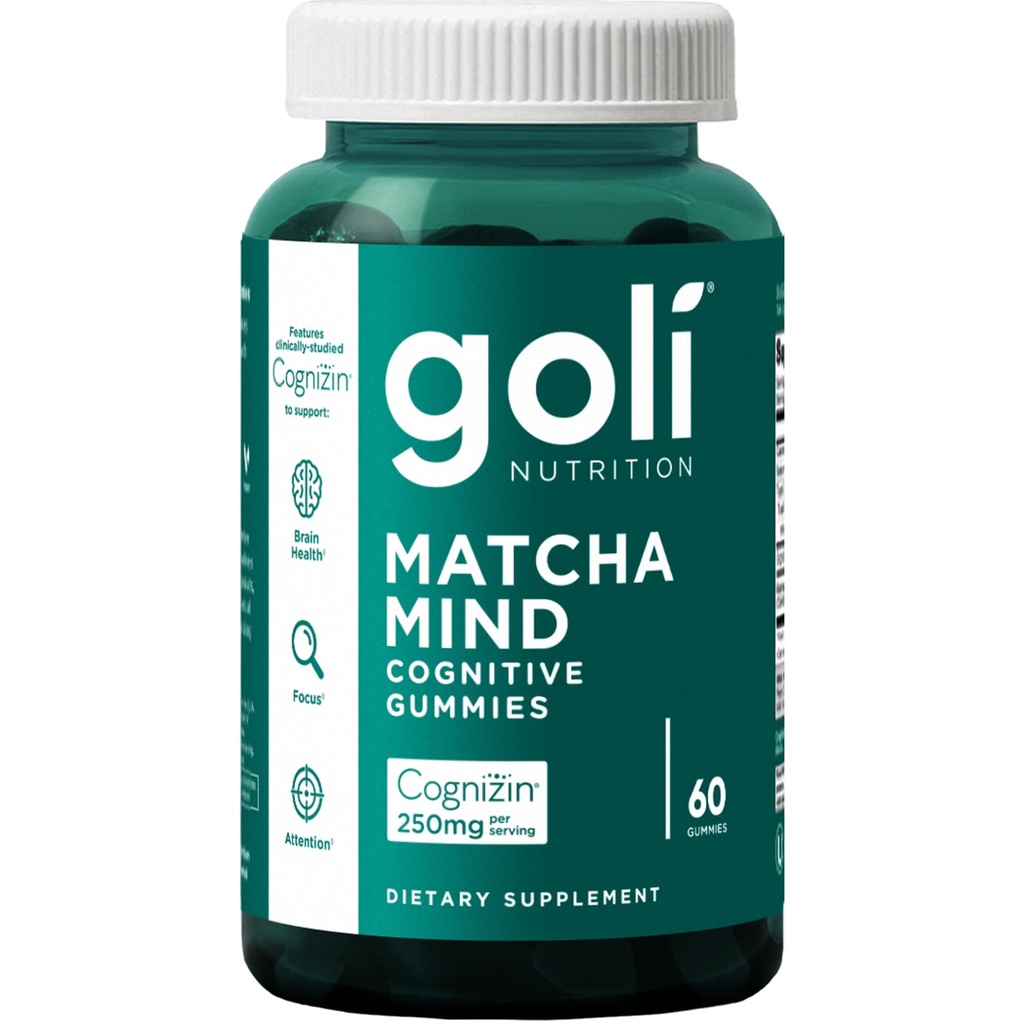 Goli Matcha Mind Gummies - 60 Count - Green Tea Leaves Powder with Cognizin for Focus, Uwaga i Zdrowie mózgu, Wegan, Non-GMO, Gluten- Free & Żelatyna Free.