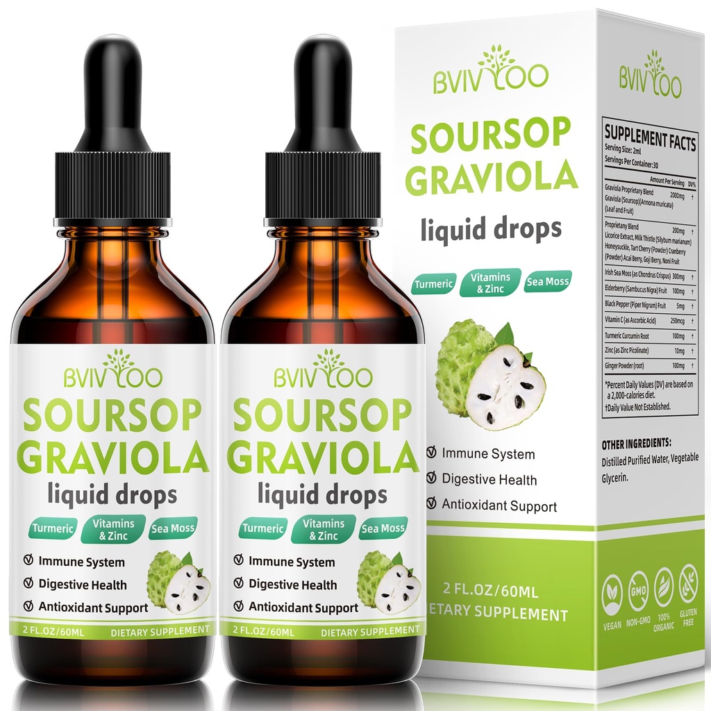 2 Pack Soursop Graviola Liquid Drops - 2000mg Pure Soursop Extract Mieszany z 300mg Sea Moss & 100mg Elderberry - Potężne wsparcie komórkowe, Antyoksydant-Rich, Immune- Boosting - 4 Fl Oz (120ml) Butelka