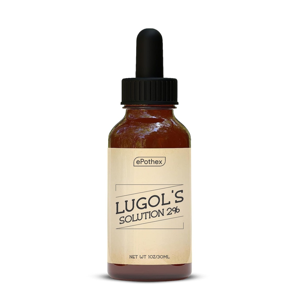 Lugol 's Solution 2% 1oz szklana butelka kroplomierzem. Zawiera jodek potasu i jod, 30 ml