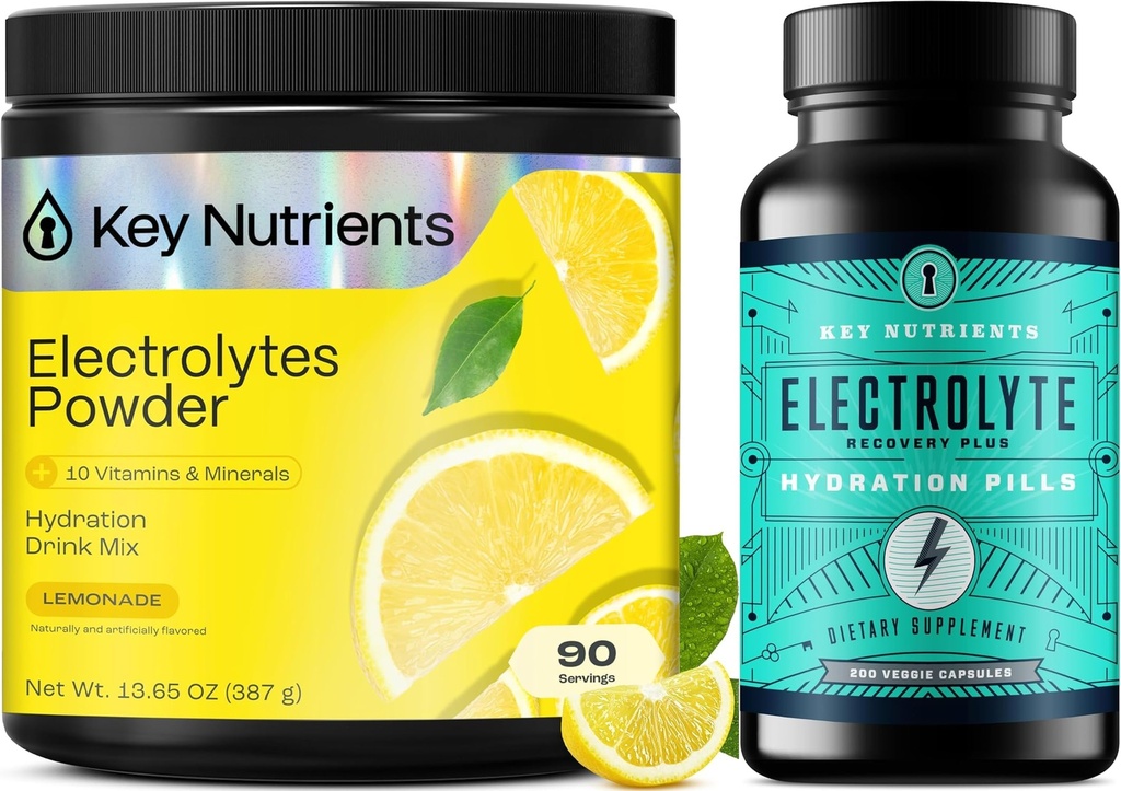KLUCZOWE NUTRIMENTY Nawadnianie Bundle - Multivititamine Electrolyte Powder Lemoniada (90 Słupki) i Electrolyte Tablets (200 Tabletki) - Nie cukier, Nie Calories - Sodu & Wsparcie energetyczne -, Made USA