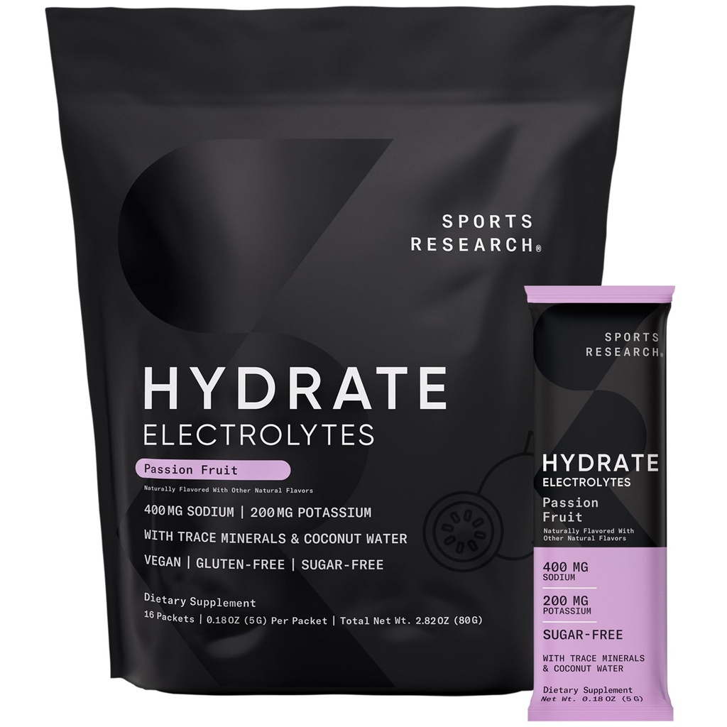 Sports Research ® Hydrate Electrolytes Powder Packets - Wolne od cukru i naturalnie pachnące z witamin, minerałów i wody kokosowej - Wspiera nawadnianie - 16 Pakiety - Passion Fruit