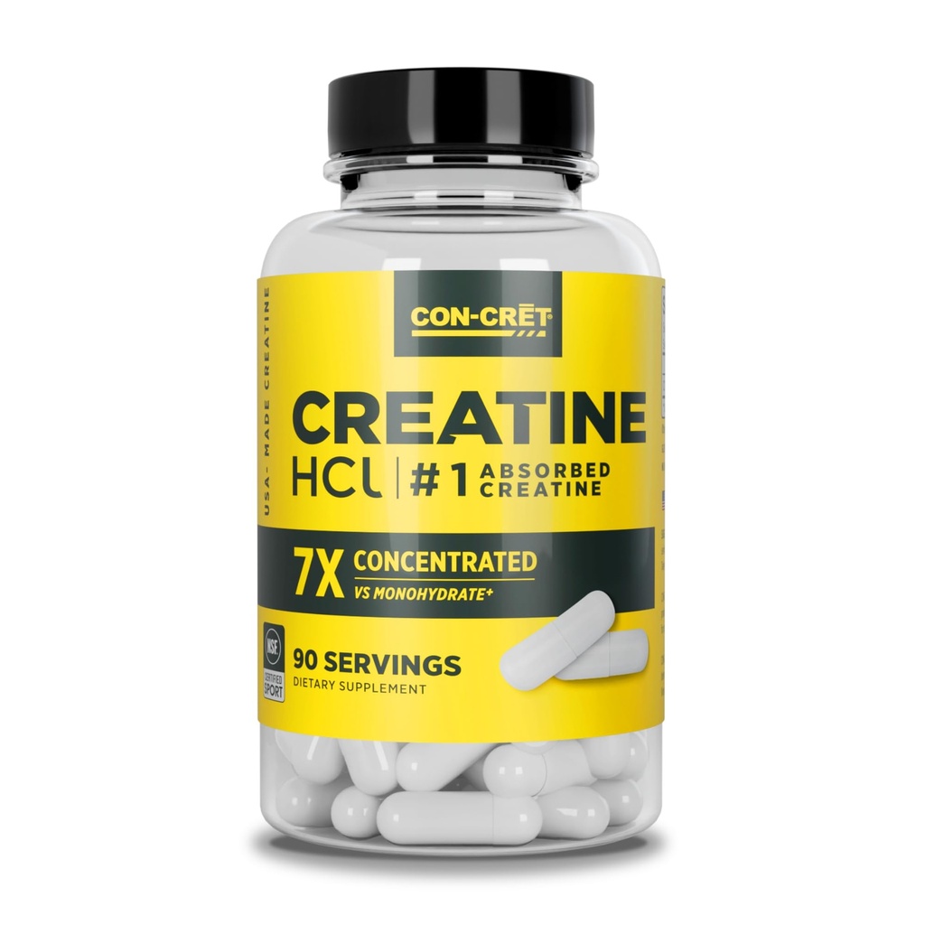 CON- CRET Creature HCl Kapsułki 124; Mięśnie, Kognitywny, Cellular Energy Support Assistance 124; Brak wzdęcia lub skurcze 124; USA Made & NSF Certified Assistance 124; Pigułki dla krewnic (90 ct)
