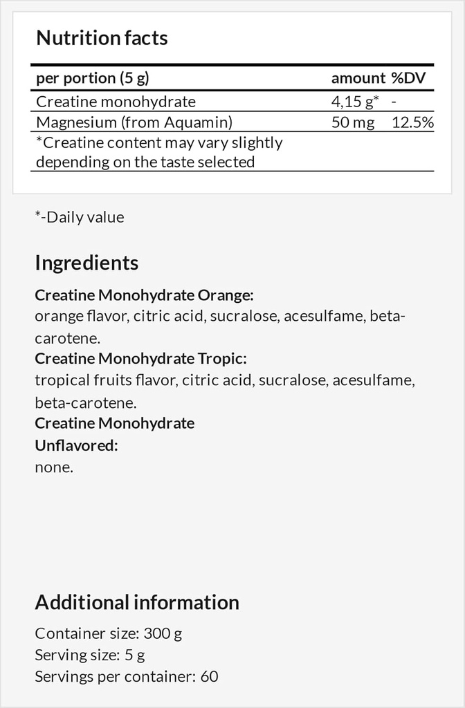 Proszek kreatryczny 300g - Monowodzian kreatryny 4150 mg z Magesium per Serving - 60 Servings per Pack - for High- Intensity Exercise Support - Aromat arbuza - by MZ