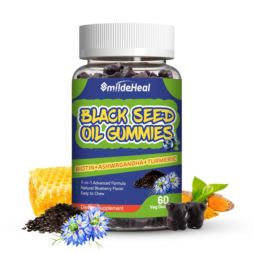 Czarne Nasienie Gummie, Organiczny Czarny Kmin Nasienie Gummie, Czarny Kmin Nasienie Olej Organiczny 500mg, Żabie Czarne Nasienie i Honey Gummies, Wegan, 60 Gummies