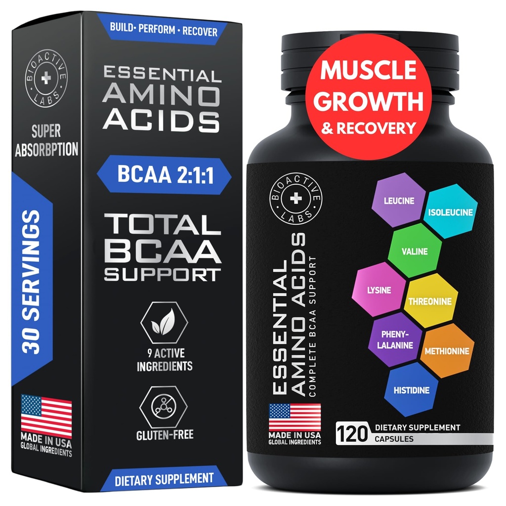 Esencjonalny suplement aminokwasów dla kobiet i mężczyzn - Vegan BCAA Acid Complex dla wzrostu mięśni ze wszystkimi 9 BCAA Esential Aminos - Advanced Workout Power & Recovery Formula - 120 EAA BCAA Pigułki