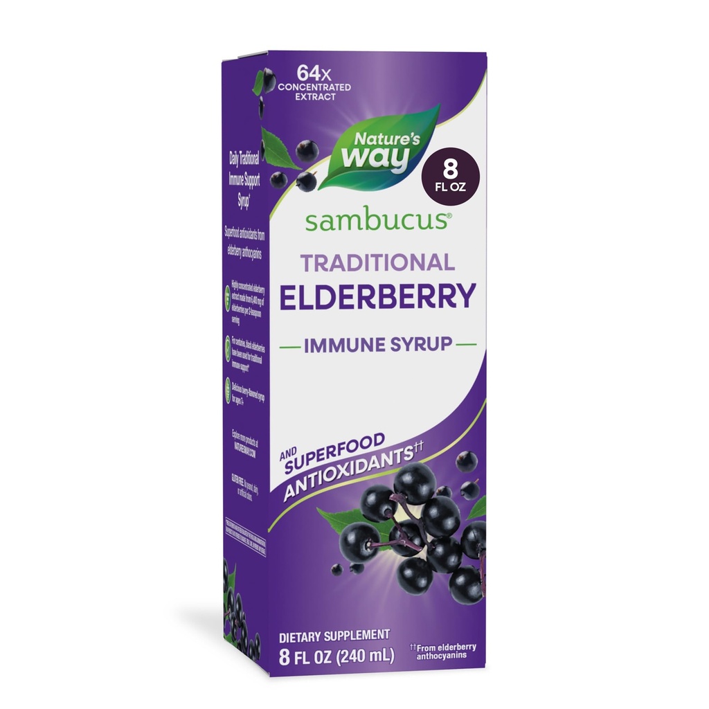 Nature 's Way Sambucus Elderberry Tradycyjny syrop immunologiczny, Wysoce skoncentrowany ekstrakt Black Elderberry, Tradycyjne wsparcie immunologiczne *, Pyszne Berry Flavored, 8 Fl Oz (Opakowania maja Vary)
