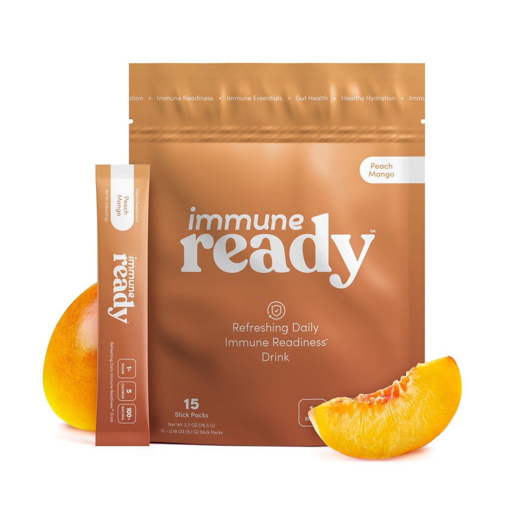 Zestaw proszkowy z elektrolitami immunologicznymi Ready ™ - Napoje wzmacniające odporność z witaminą C, Pikolinian cynku, Proszek inulinowy i Glukan Beta - Bezcukrowy Peach- Mango, 15 Słupki