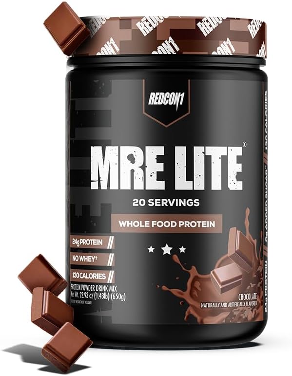 REDCON1 MRE Lite Whole Food Protein Powder, Czekolada - Niskie węglowodany i serwatka Wolny posiłek Wymiana z mieszankami białka zwierzęcego - Łatwy w użyciu suplement Made with MCT Oils (20 Służenia)