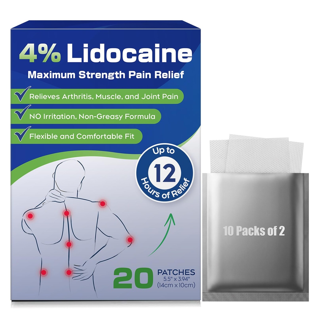 Uposiut 4% Łaty lidokainy, 20 Łaty lidokainy Maksymalna moc Lidokaina Łaty (20 Łat), dla łagodzenia bólu mięśni w szyi, Łopatki, Tył, Knees i Anks, 12 Godzina Relief - 012345
