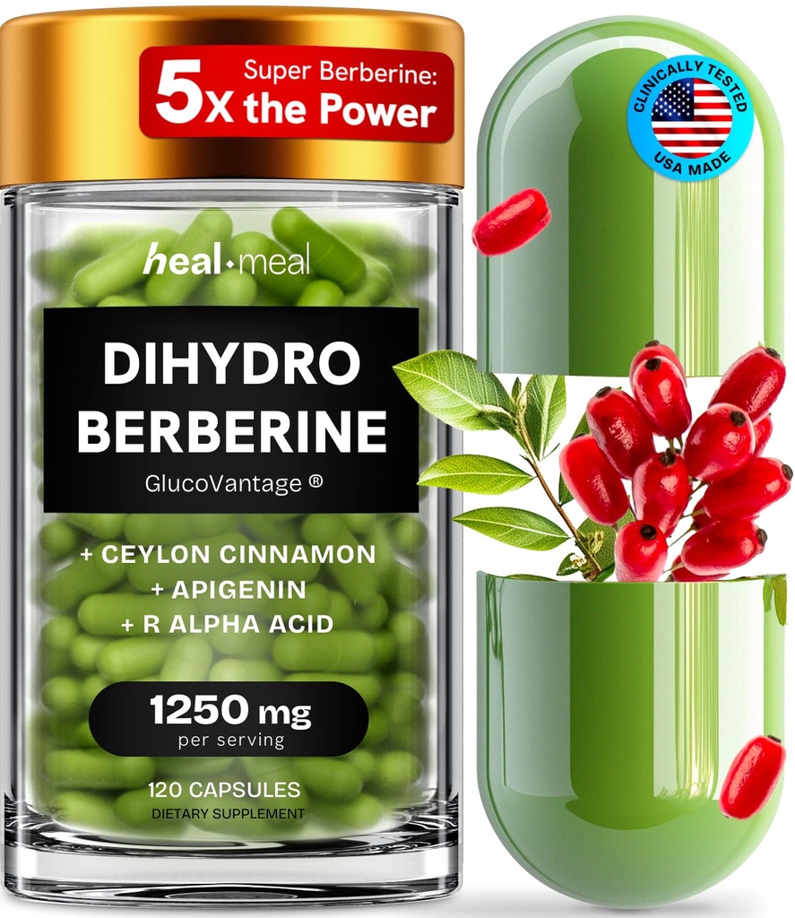Suplement dihydroberberynowy - Dehydro Berberine Organic - Super Berberine Supplement z Ceylon Cynamon & R Alfa Kwas Lipowy i Apigenin - Hydroberberyna 120 kapsli (1 opakowanie)