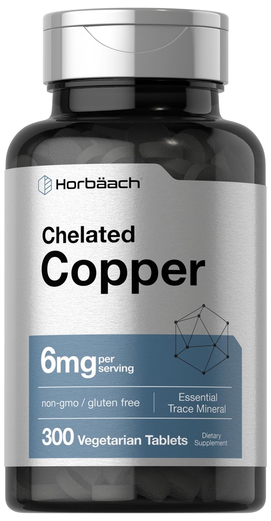 Horbäach Chelated Copper Supplement 6mg 124; 300 Tabletów 124; Esencjalna Ślad mineralny 124; Wegetarianka, Non-GMO, Gluten Free