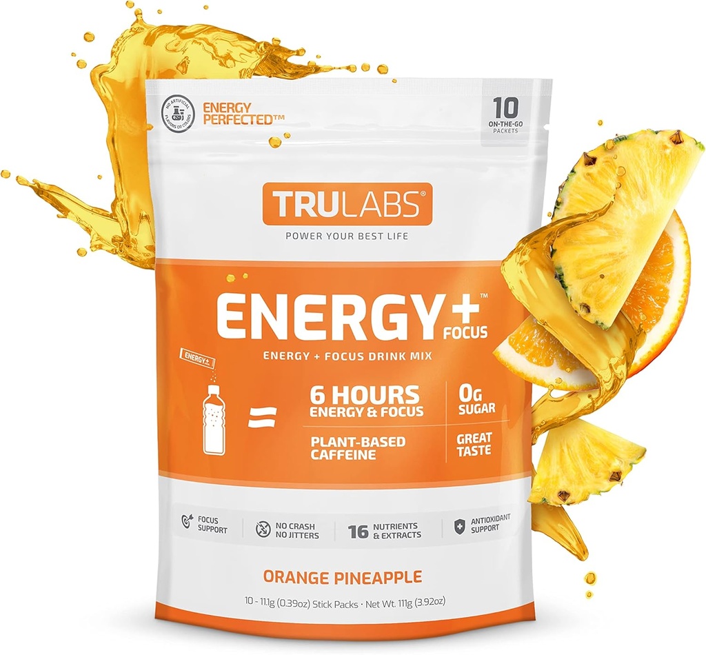TRULABS Wytrzymałość, Energia + Fokus, Mieszanka do napojów w proszku, Ananas pomarańczowy (10ct)