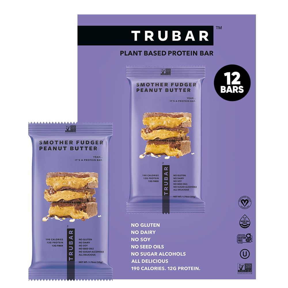 TRUBAR Vegan Protein Bars - Smatter Fudger Peanut Butter, Soy Free, Dairy Free, Gluten Free Protein Bars - No Sugar Alcohols - Non-GMO - 12g białka - 12 Count