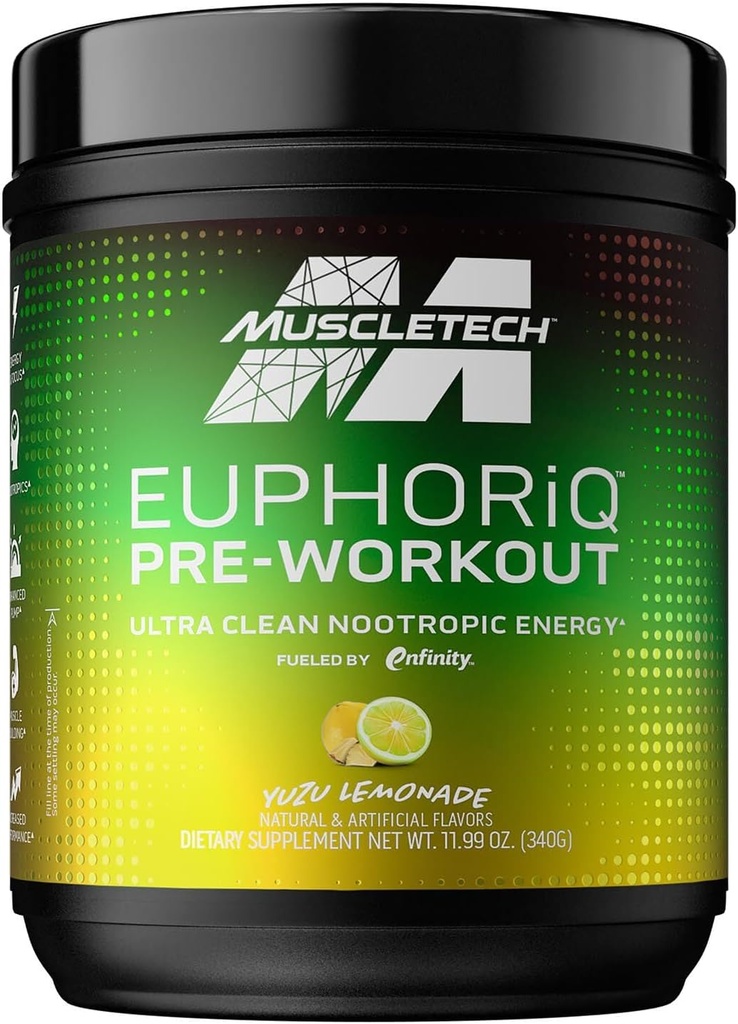 Wstępny trening proszku MuscleTech EuphoriQ Wstępny trening Smart Pre Workout proszek dla mężczyzn i kobiet Kofeina Metabolit Napełniony paraksantyną Yuzu Lemonade (20 Służenie)