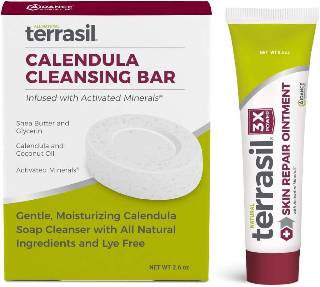 Terrasil Naprawa skóry & Kalendula Mydło dla Angular Cheilitis, Zapalenie gruczołów, Lipetigo, Stwardnienie Lichen, Wrzody, Naczynia keratolizy, Soothing Relief & Supports Healing (.5oz Tube & pasek mydła)