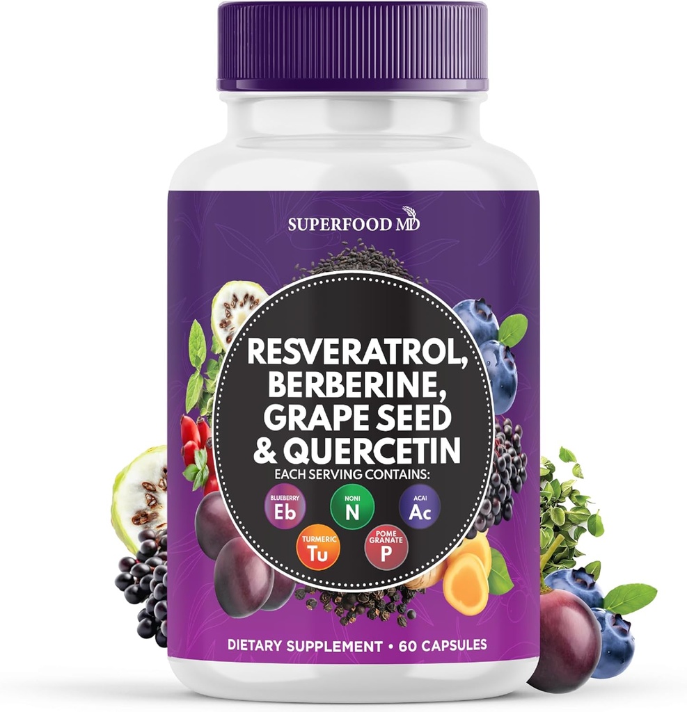 Resveratrol Berberine Grape Extract Quercetin - suplement polifenolu z Noni Extract, N- Acetyl Cysteine, Acai Extract - Made in USA - 60 Kapsułki
