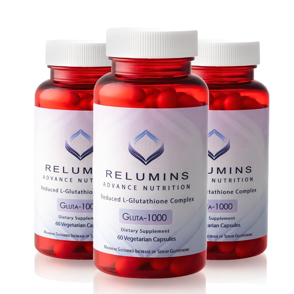 Reluminy Advance Nutrition Gluta 1000 - Zmniejszone L- glutation, Alpha Lipoic Acid & Rose HIPS - Antyoksydant Support for Skin & Total Wellness - 60 Veg kapsułki x 3 Butelki (90- Day Supply)
